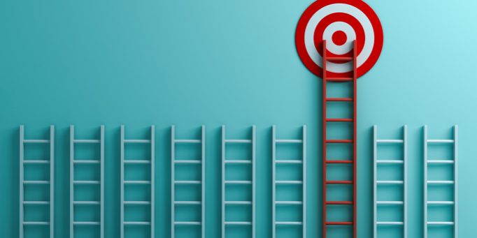 Long red ladder to goal target the business concept on blue pastel color background with shadows 3D rendering